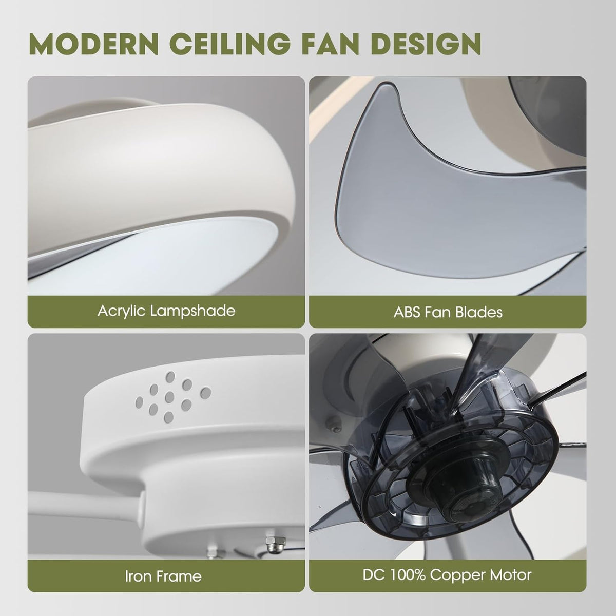 20 Inch Flush Mount Ceiling Fan With Lights Remote White Dimmable LED