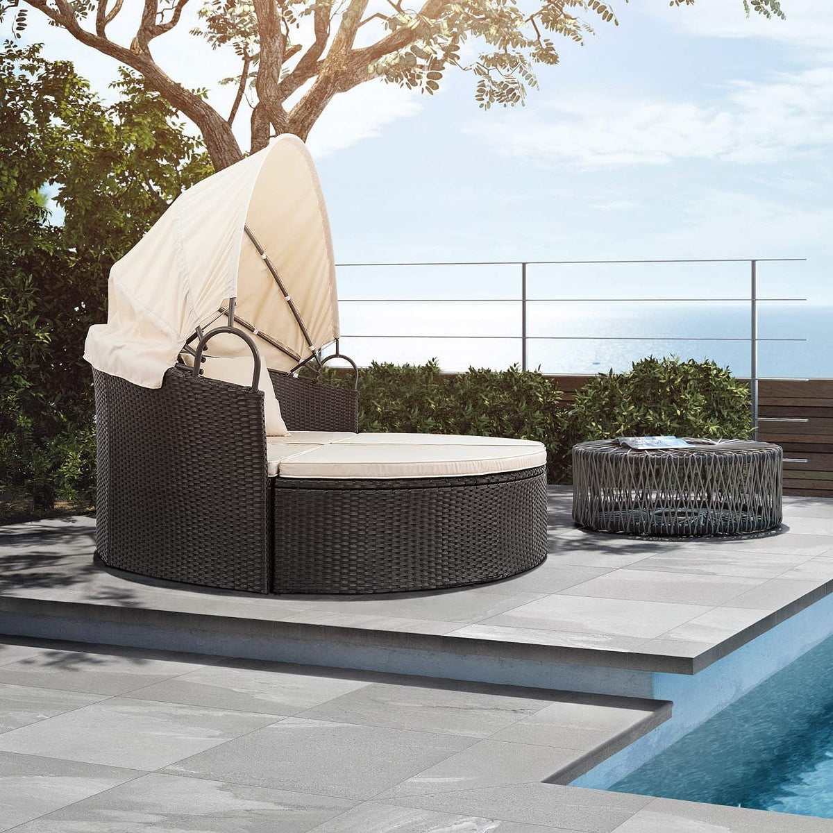 Outdoor Round Daybed With Canopy Wicker Patio Sofa