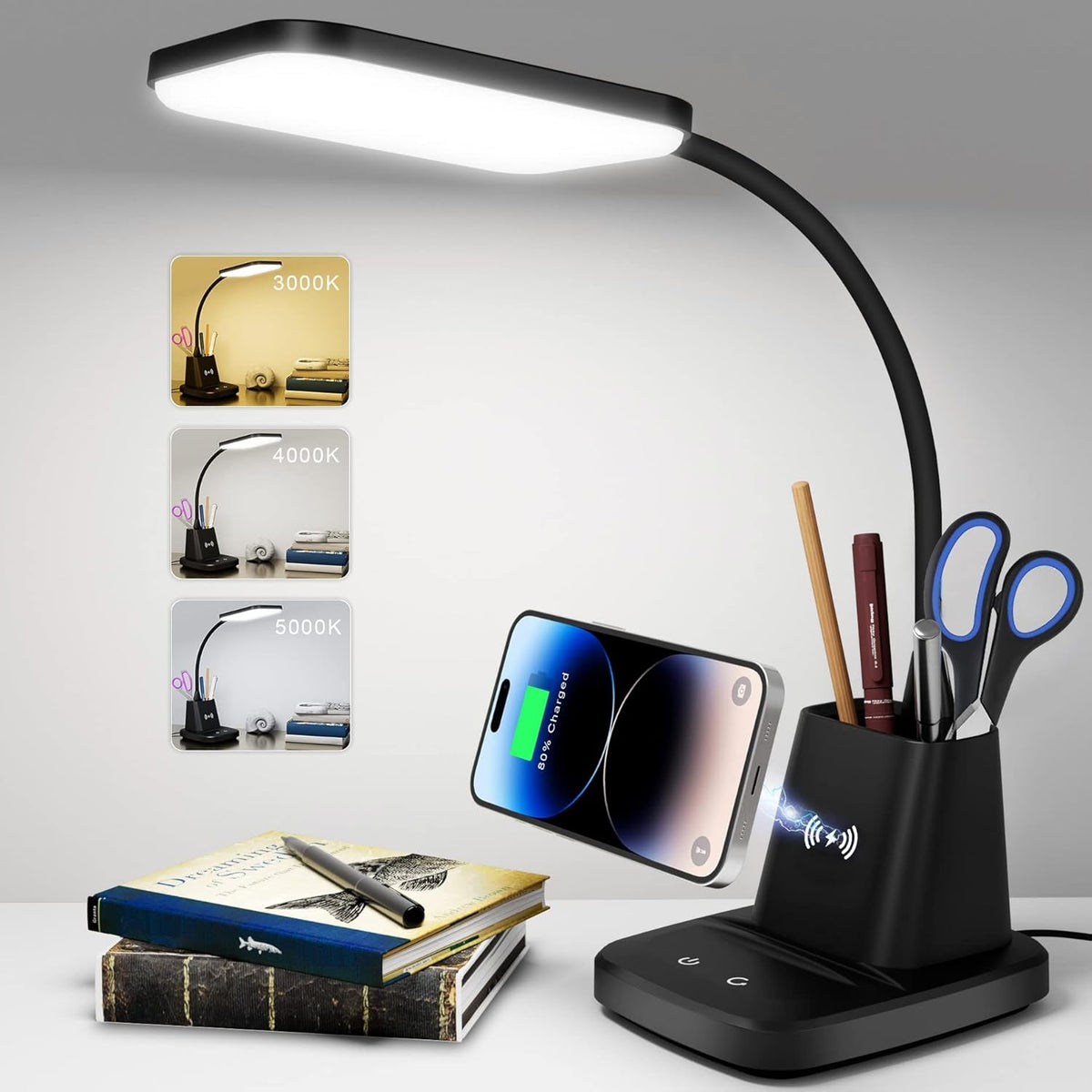 LED Desk Lamp With Wireless Charger Black For Home Office